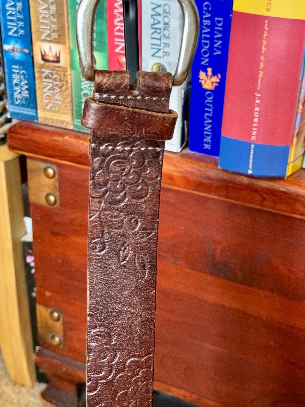 Fossil Brown Embossed Floral Leather Belt with Brushed Metal Buckle